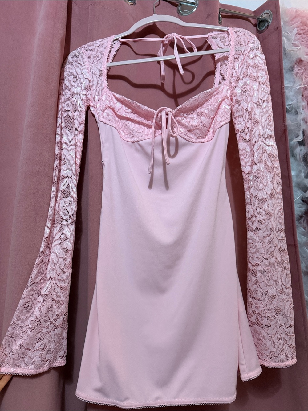 Amazon Pink Lace-Trim Tie-Front Long Sleeve Chemise